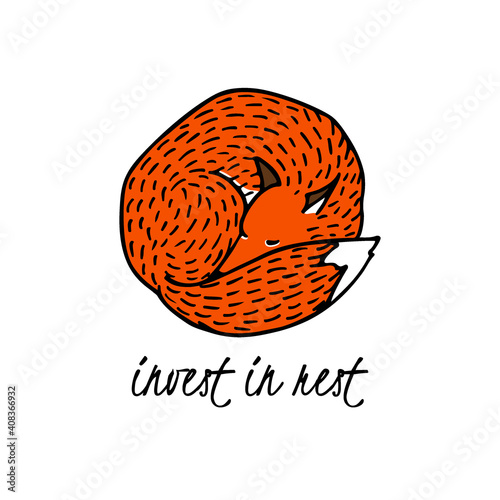Vector card with hand drawn sweet sleeping red fox. Beautiful animals design elements, ink drawing. Wonderful illustration of a wild animal made in cartoon style.