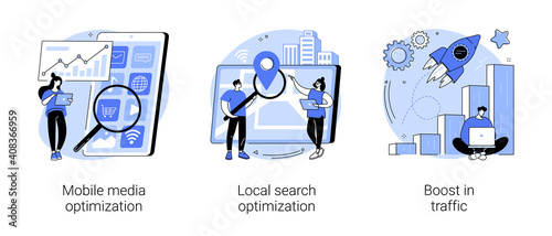 SEO strategy abstract concept vector illustration set. Mobile media optimization, local search, boost in traffic, search engine targeting, business digital promotion, visitor growth abstract metaphor.