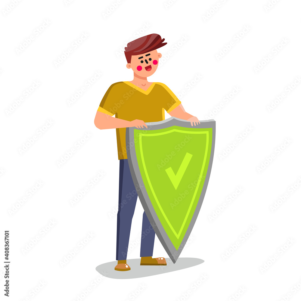 Fototapeta premium Healthy Man Standing Near Protective Shield Vector Illustration