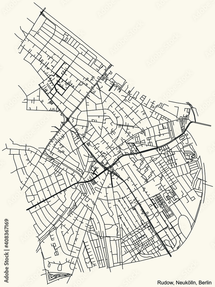 Black simple detailed street roads map on vintage beige background of the neighbourhood Rudow locality of the Neukölln borough of Berlin, Germany
