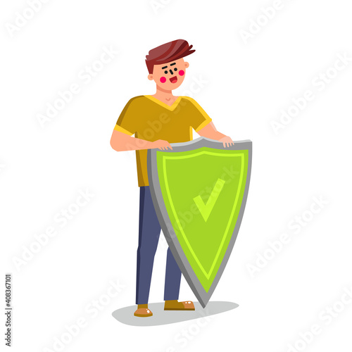Healthy Man Standing Near Protective Shield Vector Illustration