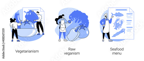 Organic food diet abstract concept vector illustration set. Vegetarianism, raw veganism, seafood menu, healthy lifestyle, fish house, detox nutrition, juice and sprout, vegan abstract metaphor.