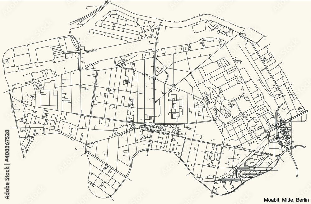 Black simple detailed street roads map on vintage beige background of the neighbourhood Moabit locality of the Mitte borough of Berlin, Germany