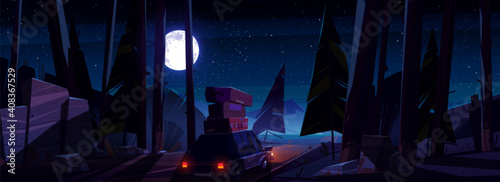 Car with luggage on roof on road at night. Vector cartoon landscape with coniferous forest, highway, mountains, moon and stars on sky. Concept of auto trip, journey and travel