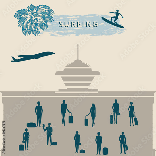 Travel planning. Airport, plane, businessmen think about surfing - vector. Vacation dream.