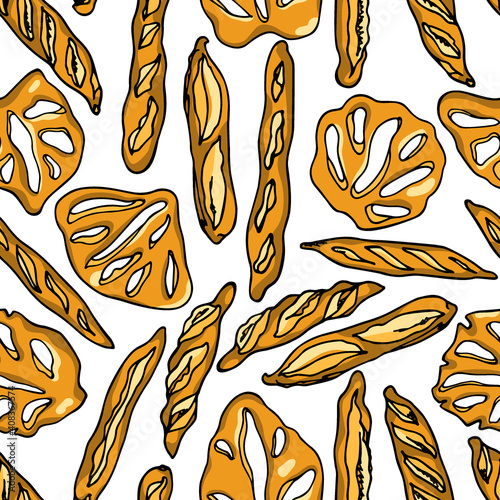 Vector seamless pattern with hand drawn traditional French breads. Ink drawing, graphic style. Beautiful food design elements, perfect for prints and patterns