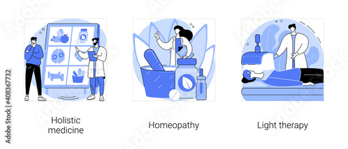 Alternative medicine abstract concept vector illustration set. Holistic medicine, homeopathy, light therapy, seasonal depression, mental health, health practice, natural drug abstract metaphor.