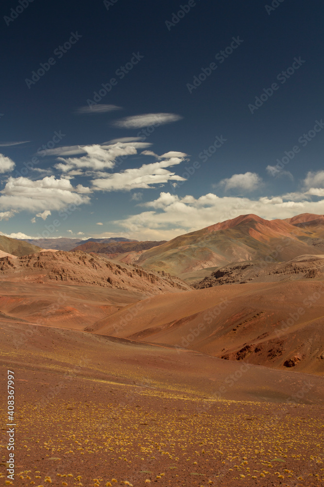 Arid landscape very high in the Andes cordillera. Beautiful view of the brown land, yellow grasses, valley and colorful mountains in Laguna Brava, La Rioja, Argentina.
