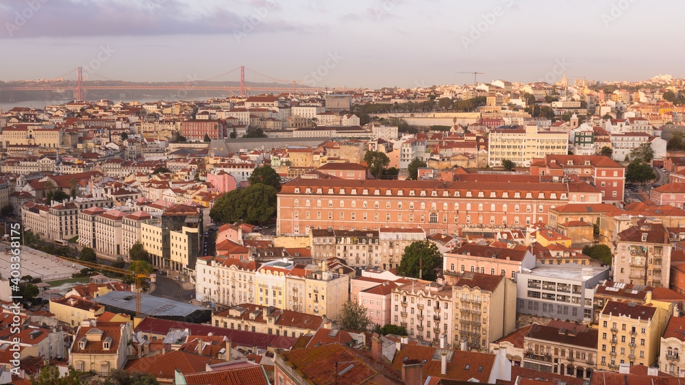 Cityscape at sunrise. Big European city view from above. Lisbon, Portugal