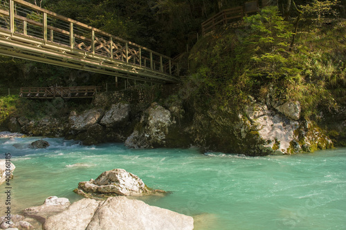 The lower Devil's Bridge crossing the Tolminka River which flows through Tolmin Gorge in the Triglav National Park, north western Slovenia
