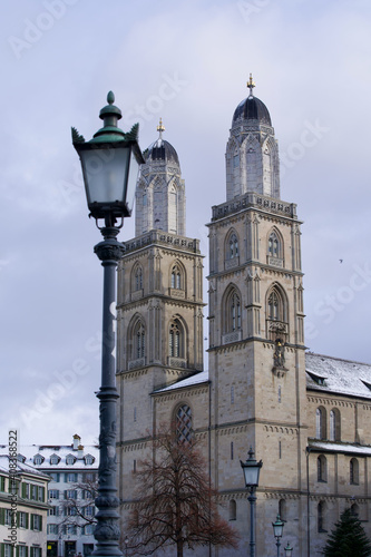The twin towers of the church Grossmünster at the old town of Zurich, Switzerland.