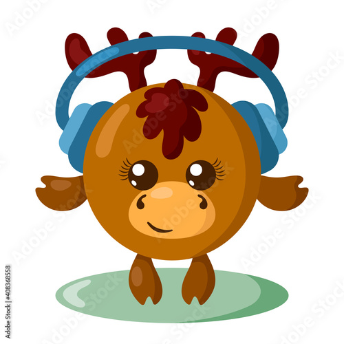 Funny cute kawaii moose or deer with headphones and round body in flat design with shadows. Isolated animal vector illustration