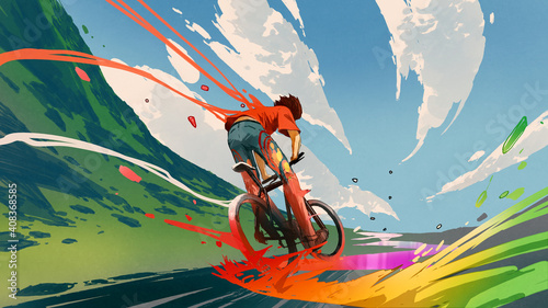 Fototapeta Naklejka Na Ścianę i Meble -  young man riding a bicycle with a colorful energy, digital art style, illustration painting