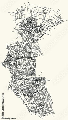 Black simple detailed street roads map on vintage beige background of the neighbourhood Lichtenberg borough of Berlin, Germany