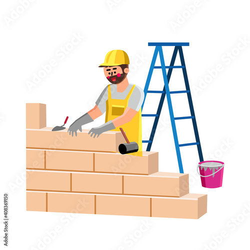 Builder Building House Wall With Bricks Vector