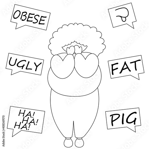 A fat women listens to insults and cries in white and black