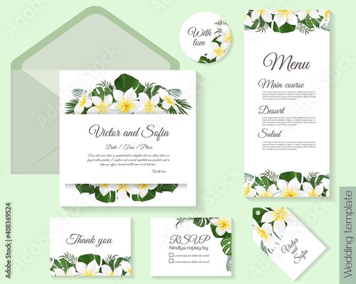 Floral tropical design for your holiday. White frangipani flowers, tropical leaves, palm trees, monstera, golden frame. Template for a wedding invitation. Invitation card, thanks, rsvp, menu.