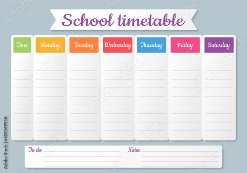 School timetable. Schedule for kids. Weekly time table with lessons. Colorful student plan template. Vector illustration. Educational classes diary. Simple design on English, A4 paper size.