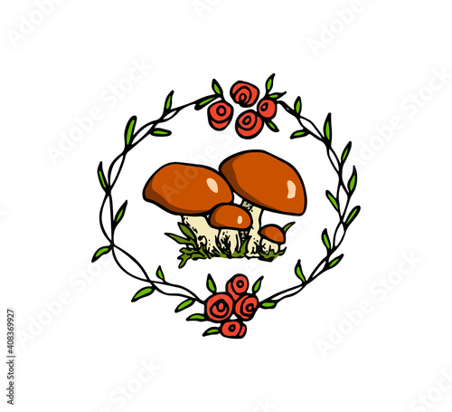 Vector card with hand drawn wild mushrooms in floral wreath. Ink drawing, graphic style. Beautiful design elements.
