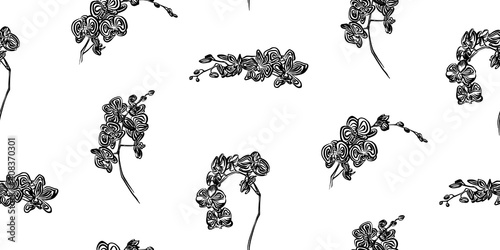 Hand drawn orchid outline seamless pattern. Endless vector black ink flower drawing set isolated on white background. Floral background contour illustration