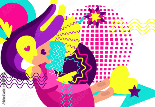 Memphis trend in the form of anthropomorphic people and geometric shapes. The concept of lovers inspired by happiness in the style of street art. perfect for print, prints, backgrounds, flyers