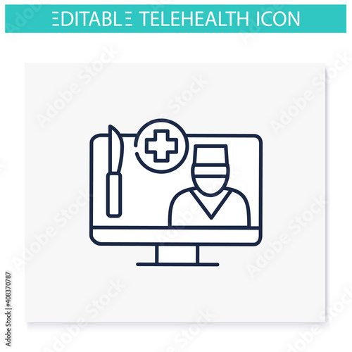 Telesurgery line icon. Robotic surgery. Telehealth. Remote surgical operation. Telemedicine, contemporary health care concept. Isolated vector illustration. Editable stroke 