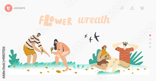 Summertime Season Sparetime, Romance Landing Page Template. Happy Characters Pick Up Flowers for Weaving Wreaths