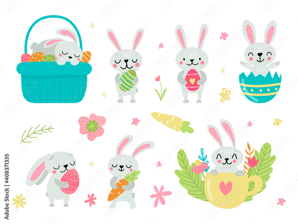 Set of cute Easter rabbits with eggs and carrots. Spring animal characters isolated on white Set of cute Easter rabbits with eggs and carrots. Spring animal characters isolated on white