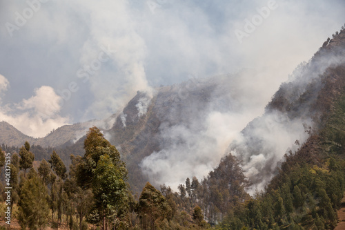 Forest fire. Smoke clouds over the forest. A forest is burning in a mountainous area. Java island, Indonesia.