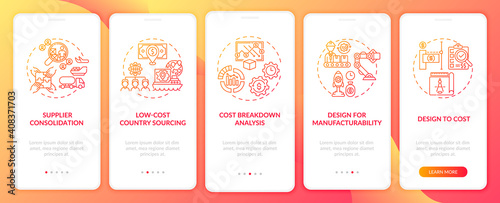 Cost reduction strategies onboarding mobile app page screen with concepts. Supplier consolidation walkthrough 5 steps graphic instructions. UI vector template with RGB color illustrations