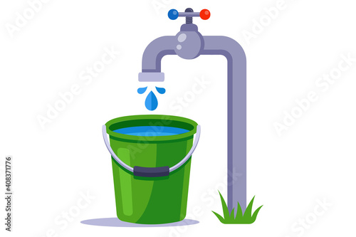 fill a green bucket with water. clean tap water. flat vector illustration.