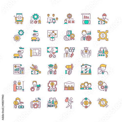 Cost reduction measures and strategies RGB color icons set. Value chain components. Company finance source and budget optimization. Business process improvement. Isolated vector illustrations