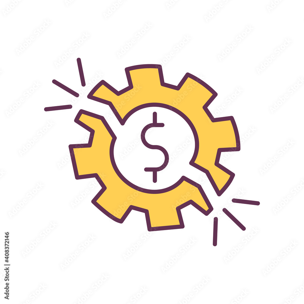 Cost reduction strategy. Budget failure and optimization. Finance management. Dollar sign. Economic improvement. Marketing strategies improvement. RGB color icon. Isolated vector illustration Cost reduction strategy. Budget failure and optimization. Finance management. Dollar sign. Economic improvement. Marketing strategies improvement. RGB color icon. Isolated vector illustration
