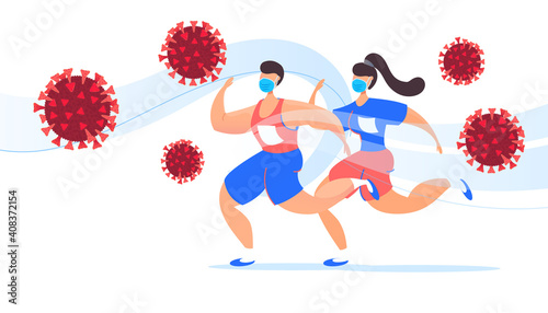 Covid 19 pandemic prevention concept. Young girl and a man in sports uniforms and protective medical masks are fleeing a dangerous molecule from the coronavirus