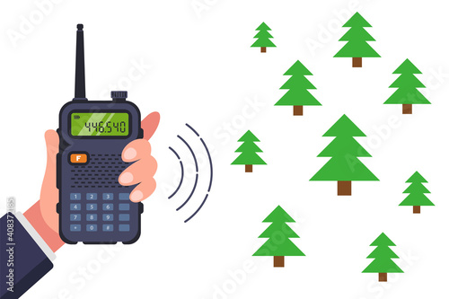 navigate the forest with a walkie-talkie. flat vector illustration.