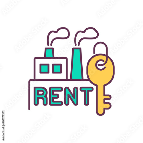 Closing facilities RGB color icon. Cost reduction strategy. Manufactory for rent. Eliminating Outside Services. Company budget optimization. Business process optimization. Isolated vector illustration