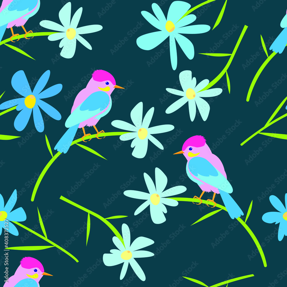 seamless pattern with birds and flowers on a dark background. Vector illustration for printing onto fabric, paper and postcards.

