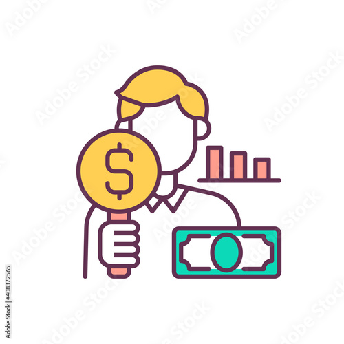 Income downsizing RGB color icon. Finance process optimization. Cost reduction strategy. Business process optimize. Company budget restructuring. Innovation account. Isolated vector illustration