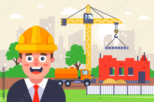 architect in a yellow helmet on the background of a construction site. construction site of a multi-storey building. flat vector illustration.