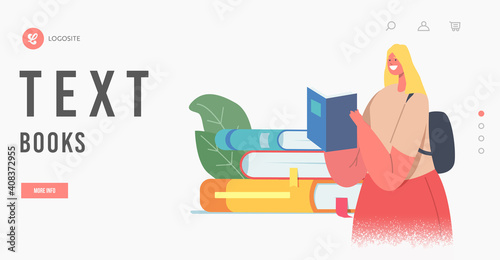 Female Character Prepare to Examinations in University Landing Page Template. Woman Student Studying. Girl with Textbooks