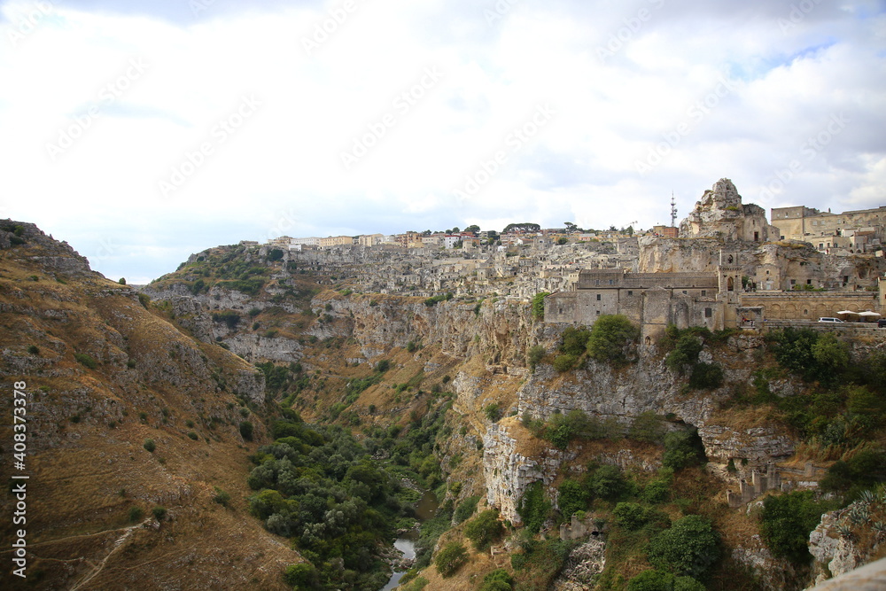 View of the church of San Pietro Caveoso and the valley carved by the Gravina stream, Matera, European Capital of Culture 2019