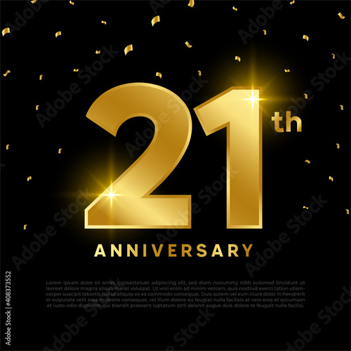 21th anniversary celebration with gold glitter color and black background. Vector design for celebrations, invitation cards and greeting cards.