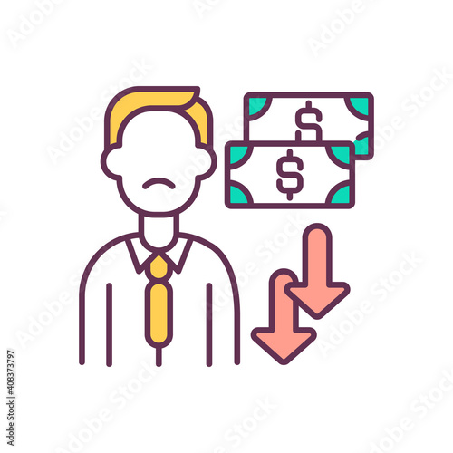 Reducing employee pay RGB color icon. Cost cutting measures. Laying off employees. Value chain components. Crisis solution, company budget optimization. Isolated vector illustration