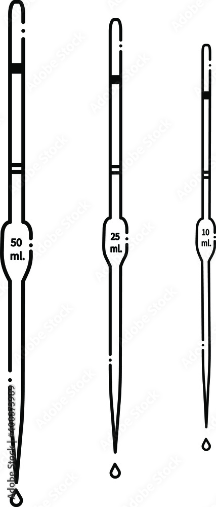 lab pipettes vector, size 50ml. 25ml. 10ml. pipette vector,chemical glassware illustration vector ,isolate on white background, esp 8