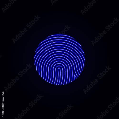 Circle blue neon fingerprint icon design for app.  Biometric security system concept.