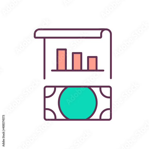 Cost reduction strategies RGB color icon. Cost breakdown analysis. Crisis management solutions. Income downsizing. Deteriorating statistics. Company buget optimization. Isolated vector illustration