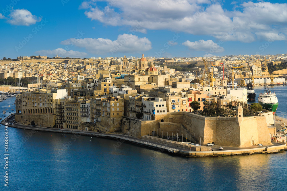Valletta, Malta. Grand harbour view, Senglea from Upper Barrakka Gardens