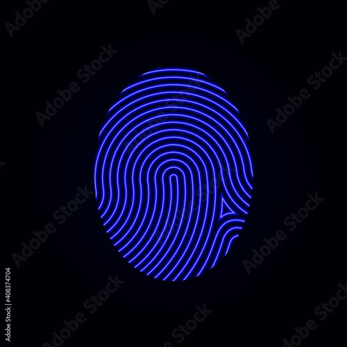 Circle blue neon fingerprint icon design for app.  Biometric security system concept.