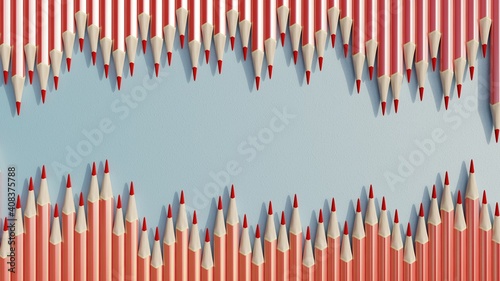 Red pencils on a blue background. Place for text. School background. 3d illustration.