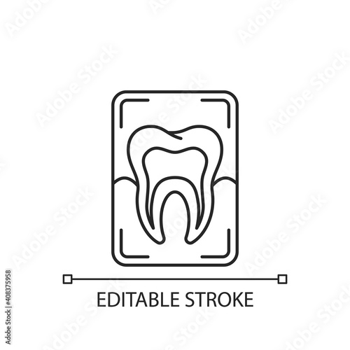 Dental x-ray linear icon. Dental care. Dentistry radiography. Instruments for dental treatment. Thin line customizable illustration. Contour symbol. Vector isolated outline drawing. Editable stroke